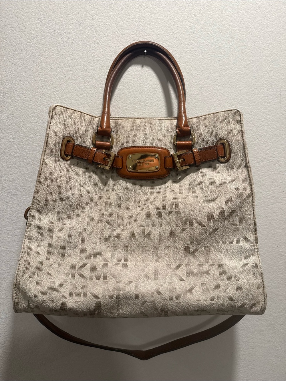 Michael Kors Hamilton Vanilla White MK Monogram Satchel Tote Bag